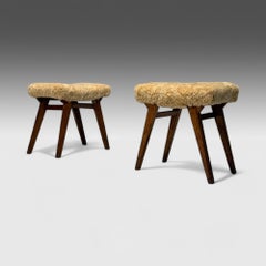 Italian Mid-Century Modern, Rustic Stools, Honey Shearling, Stained Wood, 1950s