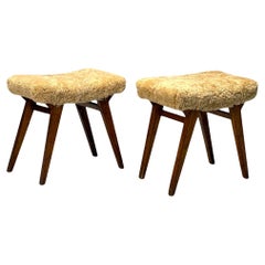 Italian Mid-Century Modern, Rustic Stools, Honey Shearling, Stained Wood, 1950s