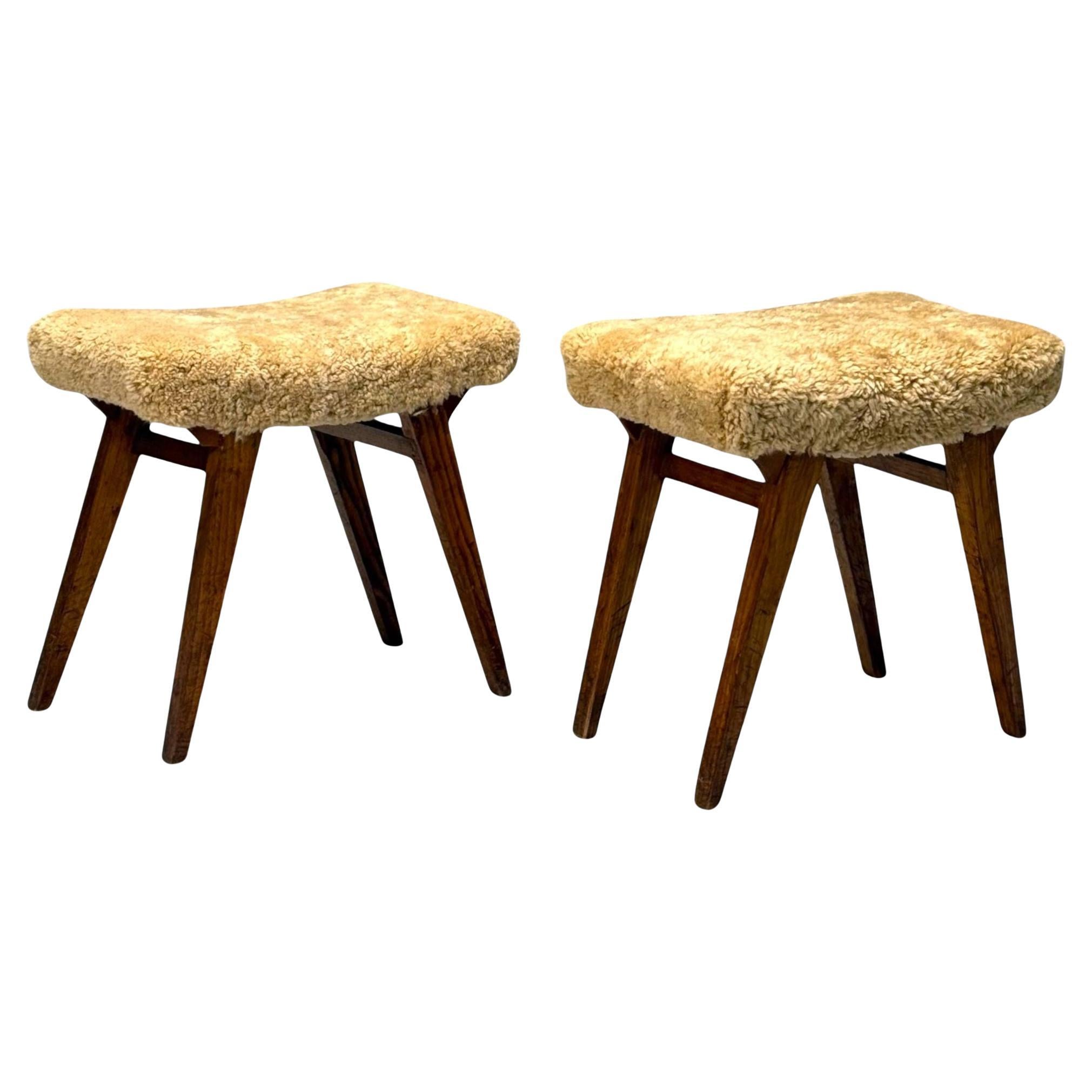 Italian Mid-Century Modern, Rustic Stools, Honey Shearling, Stained Wood, 1950s