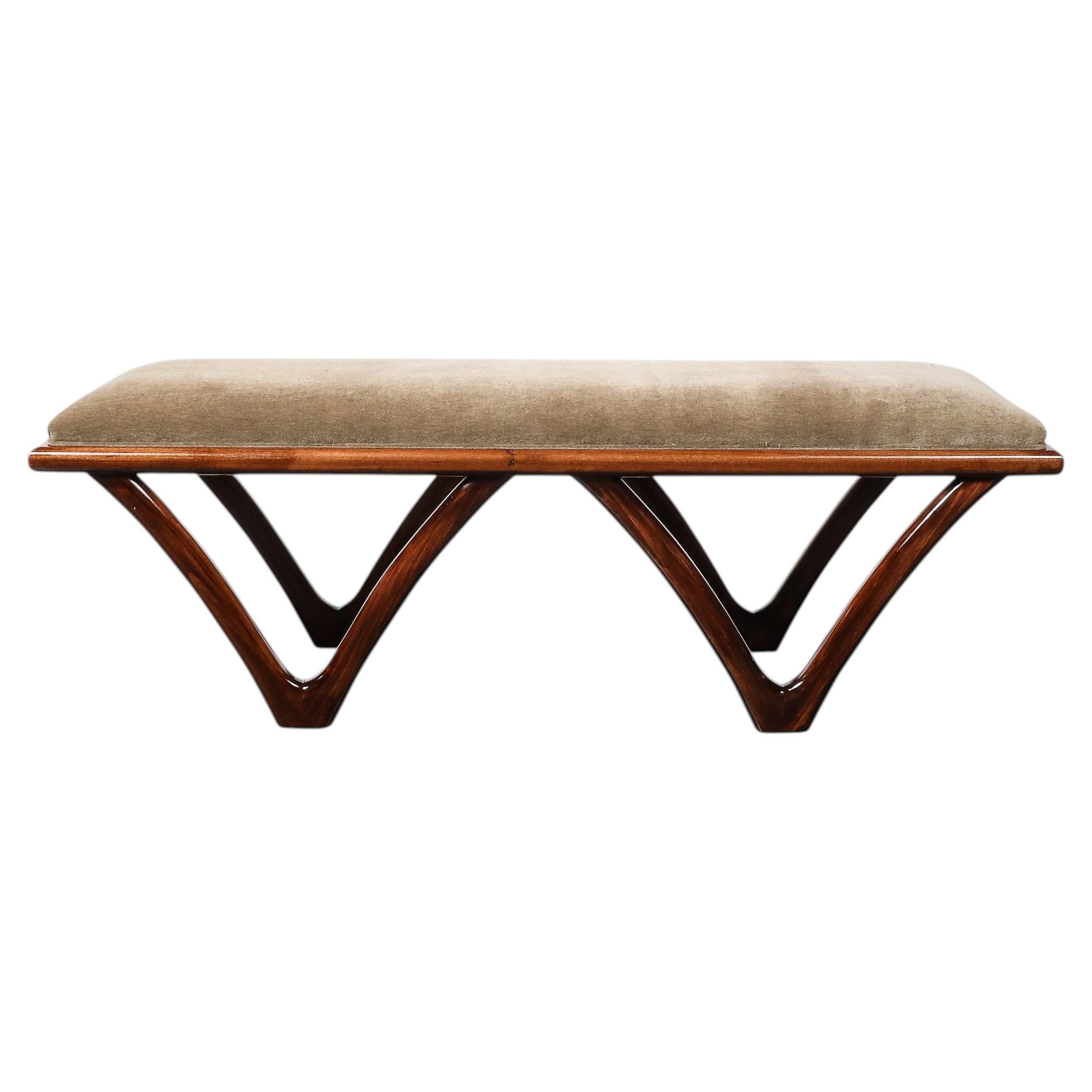 Italian Mid Century Modern Sculptural Graphic Walnut & Taupe Mohair Bench