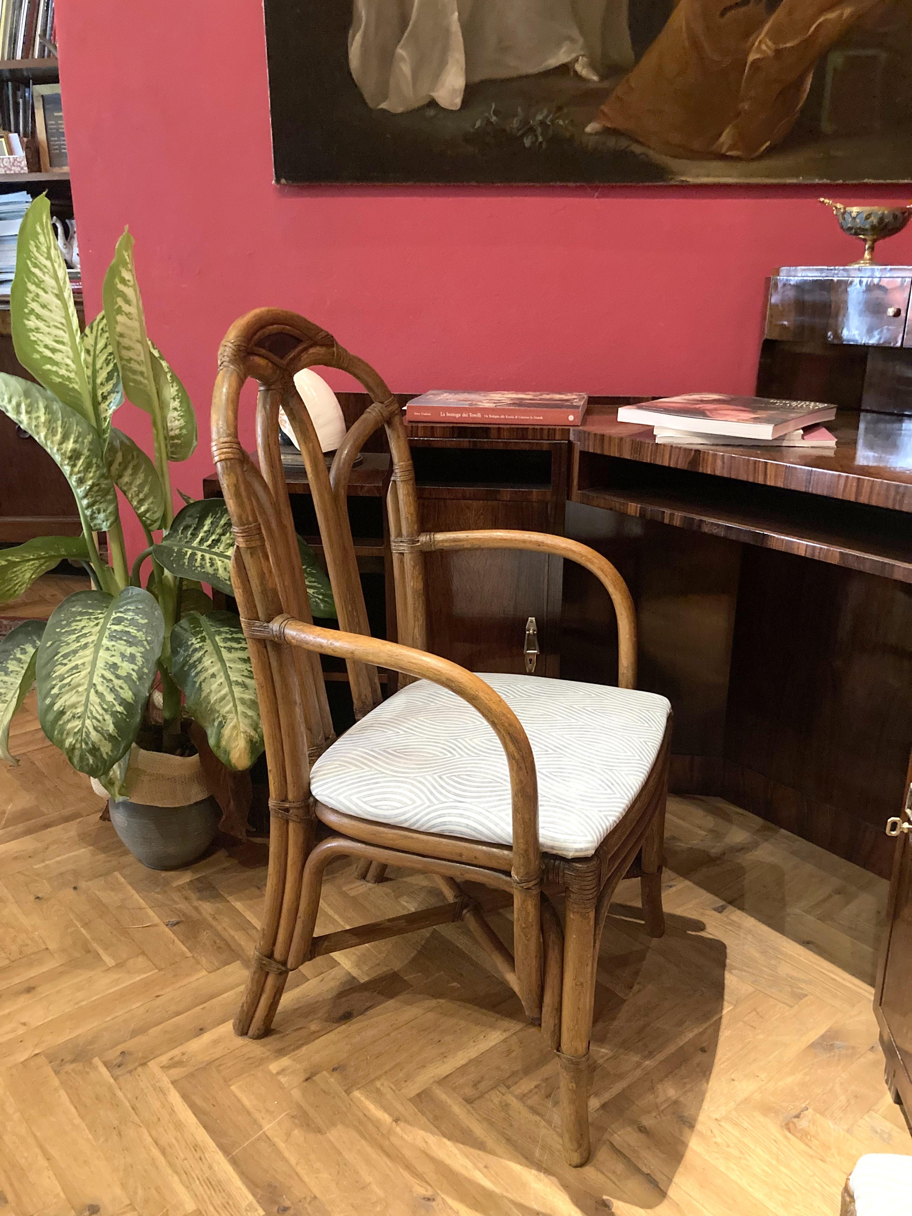 Italian Mid-Century Modern Set of 6 Bamboo Armchairs with Cotton Upholster  In Good Condition In Firenze, IT