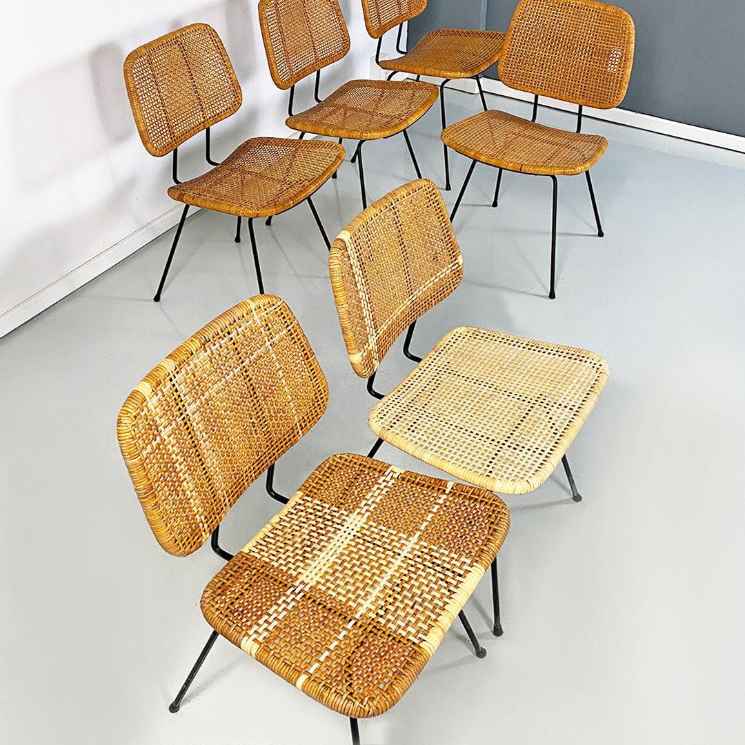 Italian mid century modern set of different wicker and black metal chairs 1960s In Good Condition For Sale In MIlano, IT