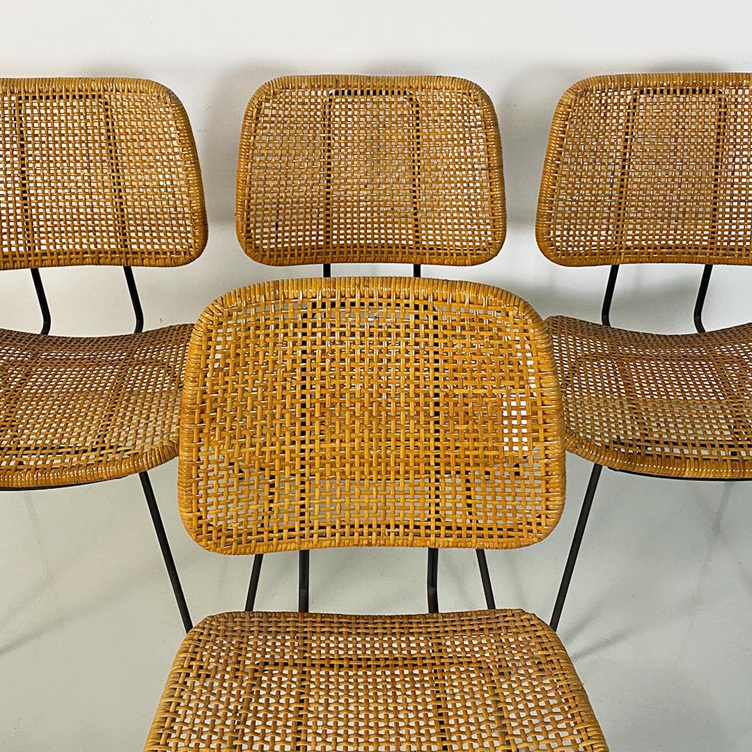 Mid-20th Century Italian mid century modern set of different wicker and black metal chairs 1960s For Sale