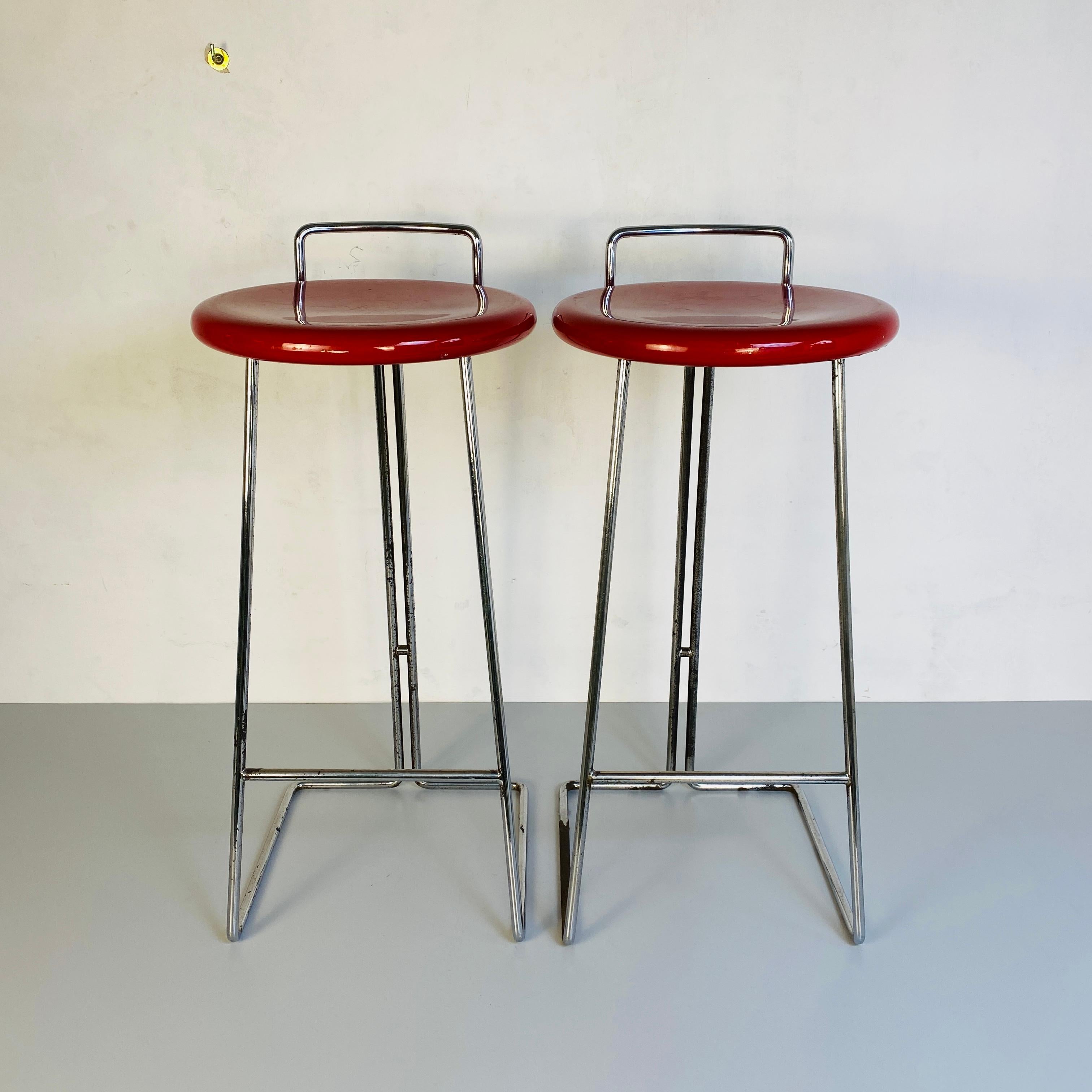 Late 20th Century Italian Mid-Century Modern Set of High Red Metal Stools by Dada, 1980s