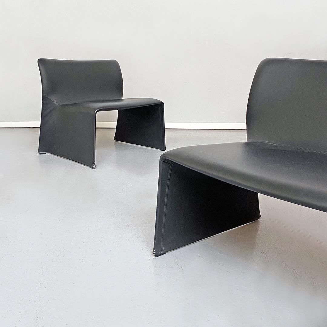 Late 20th Century Italian Mid-Century Modern Set of Leather Armchairs with Curved Monocoque, 1970s