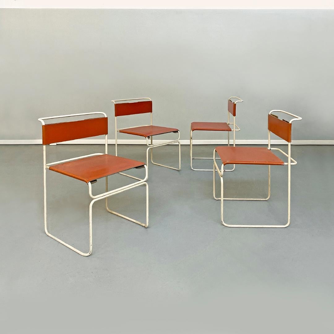 Italian Mid-Century Modern set of Libellula chairs by G. Carini for Planula, 1970
Set of four Libellula chairs, stackable with structure in white enamelled metal rod and seat and back in leather.
Drawing by Giovanni Carini produced for Planula,