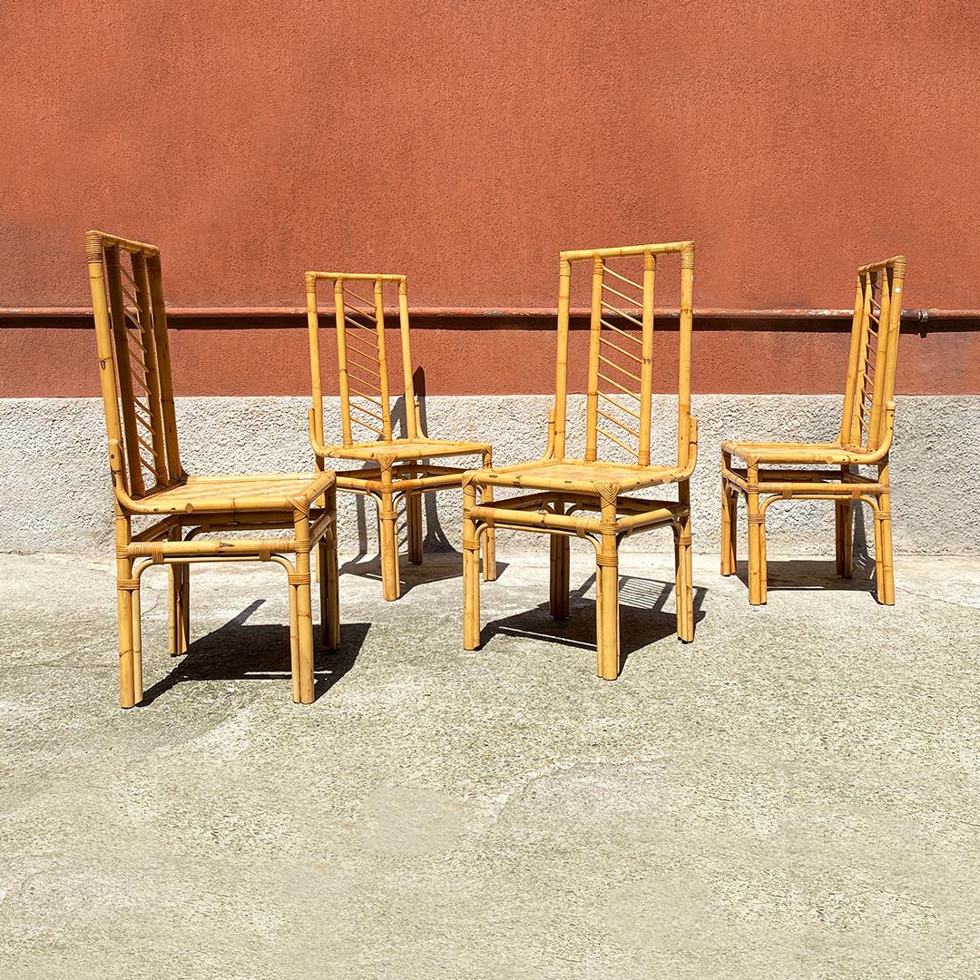 Italian Mid-Century Modern set of rattan chairs with intertwining, 1960s
Set of four rattan chairs with interwoven joints and side reinforcement arches. Seat with staggered pattern always interwoven and back with oblique strips.

Good