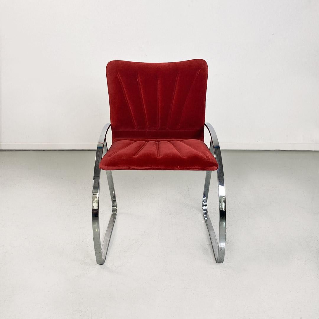 Italian Mid-Century Modern Set of Red Velvet and Chromed Chairs, 1970s For Sale 5