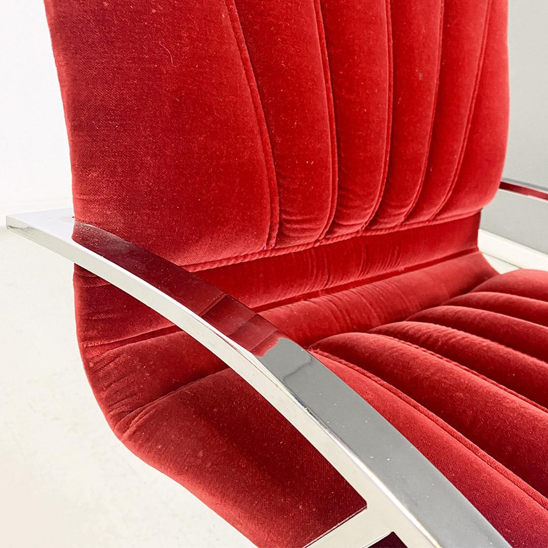 Italian Mid-Century Modern Set of Red Velvet and Chromed Chairs, 1970s For Sale 6
