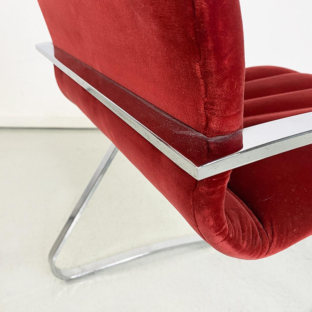 Italian Mid-Century Modern Set of Red Velvet and Chromed Chairs, 1970s For Sale 7