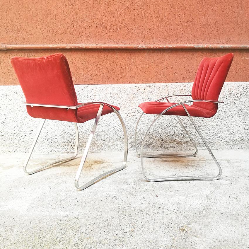 Late 20th Century Italian Mid-Century Modern Set of Red Velvet and Chromed Chairs, 1970s For Sale