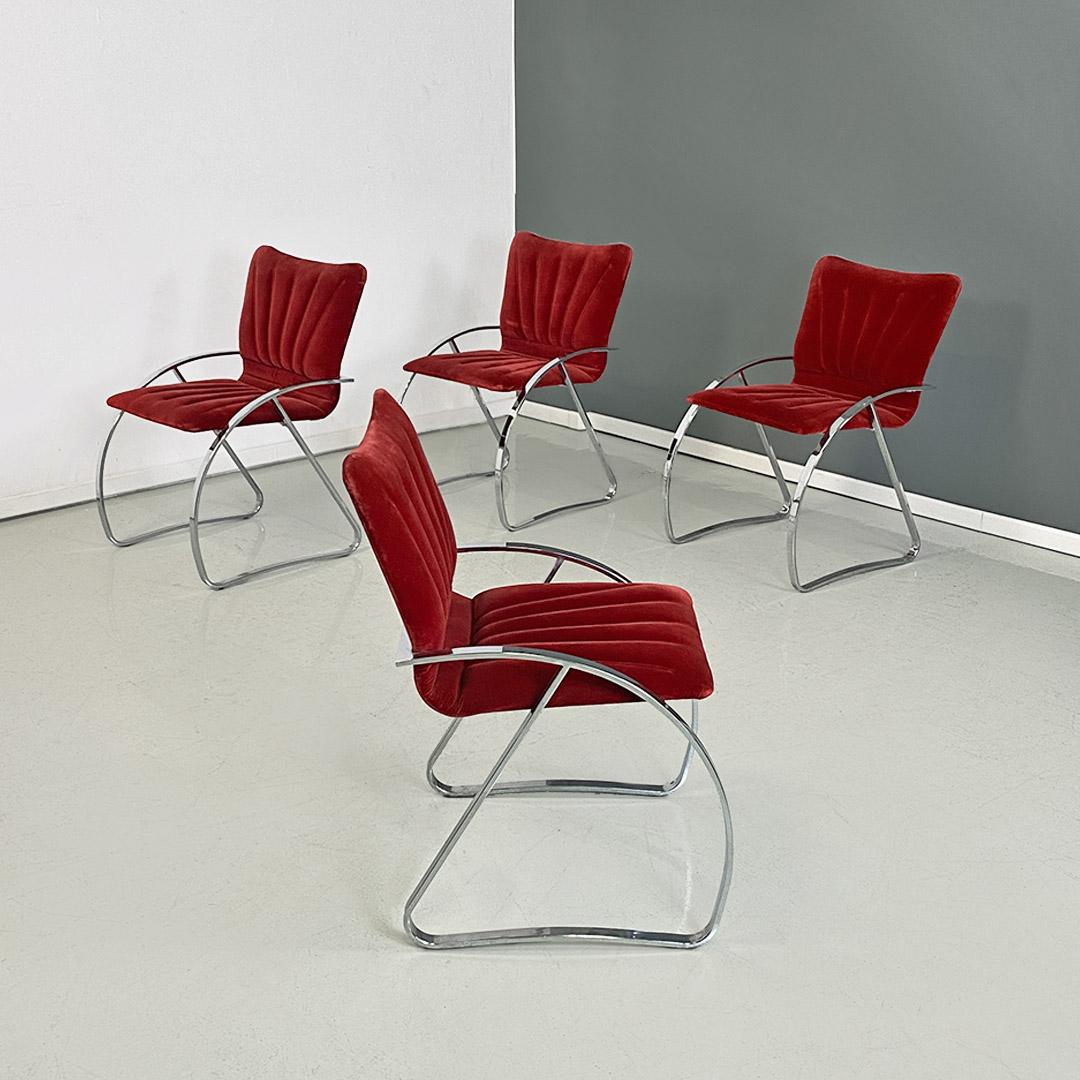 Steel Italian Mid-Century Modern Set of Red Velvet and Chromed Chairs, 1970s For Sale