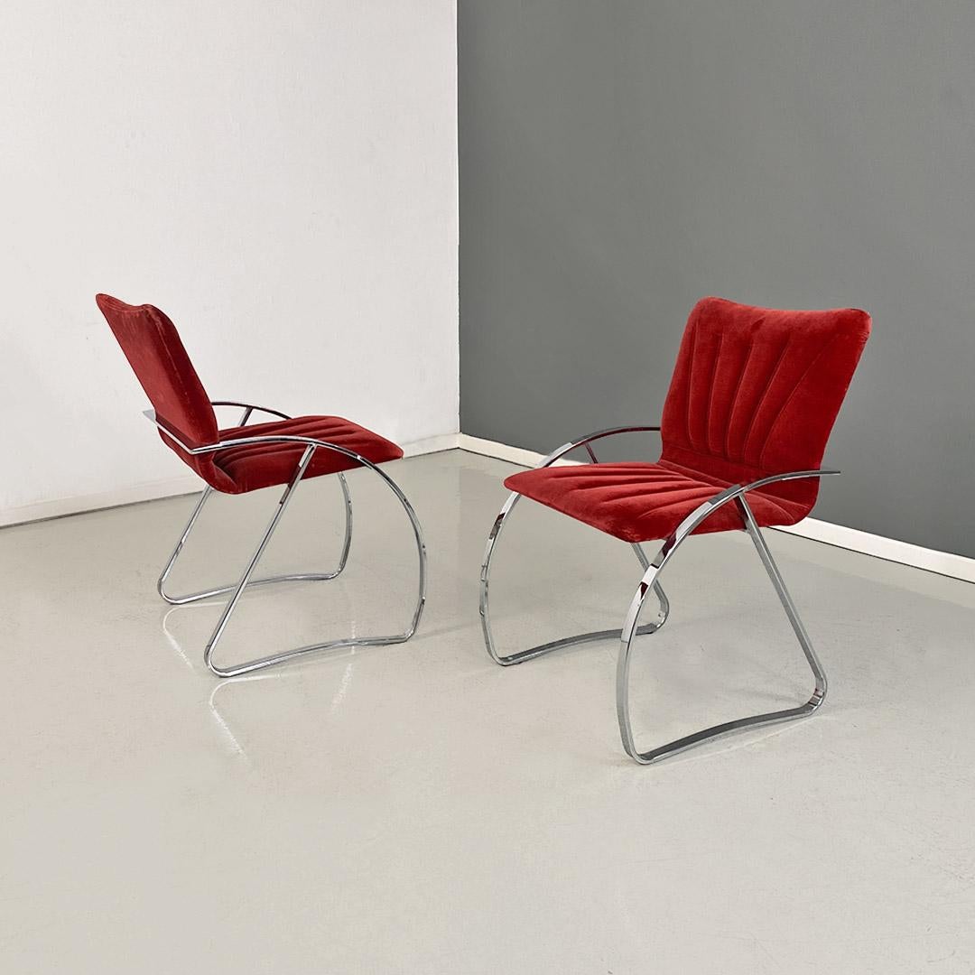 Italian Mid-Century Modern Set of Red Velvet and Chromed Chairs, 1970s For Sale 1