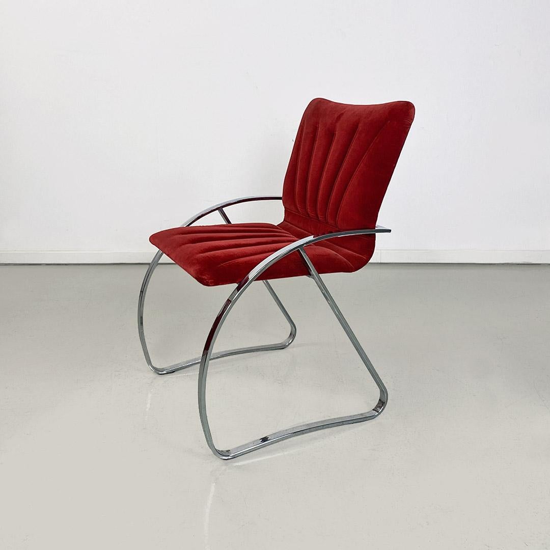Italian Mid-Century Modern Set of Red Velvet and Chromed Chairs, 1970s For Sale 2