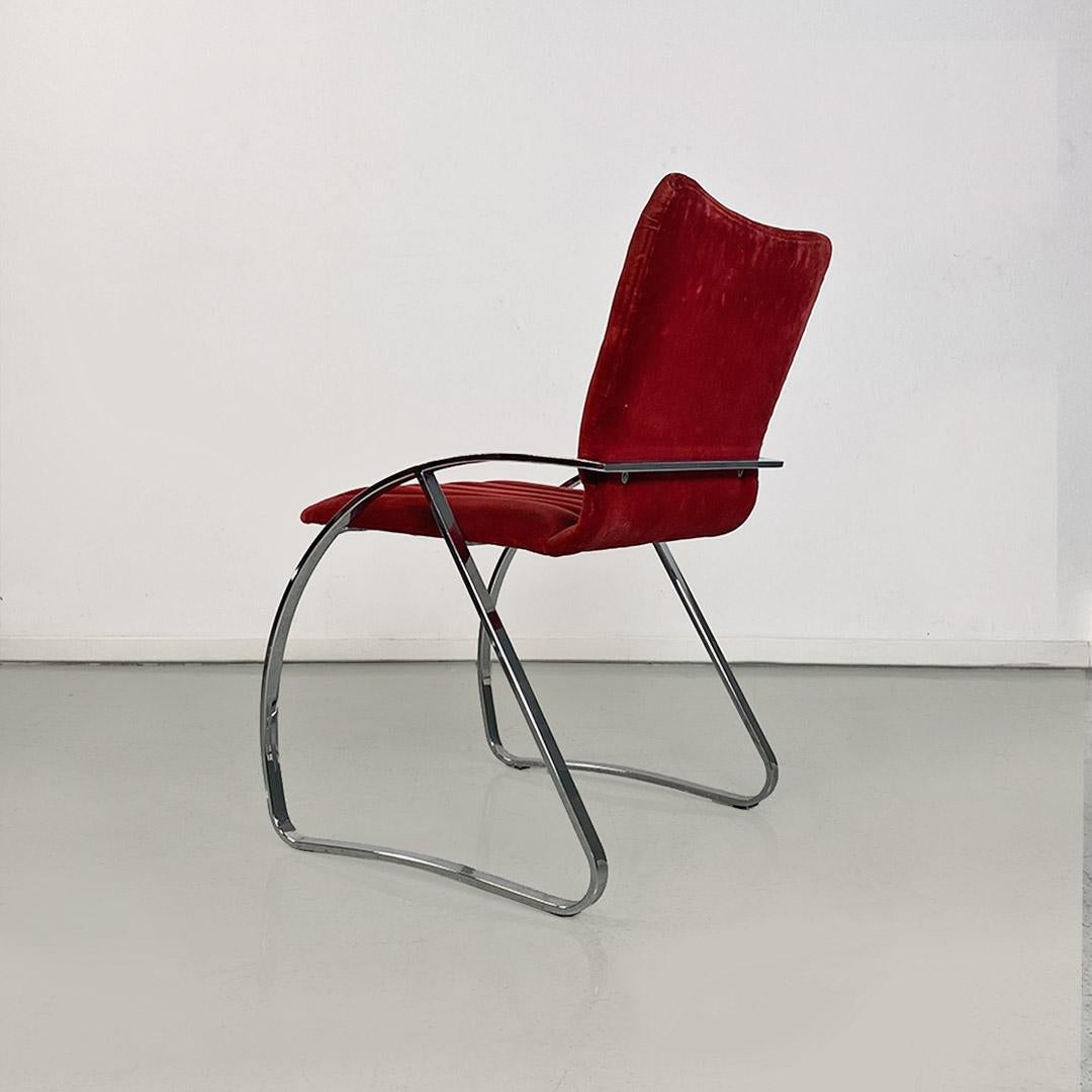 Italian Mid-Century Modern Set of Red Velvet and Chromed Chairs, 1970s For Sale 3