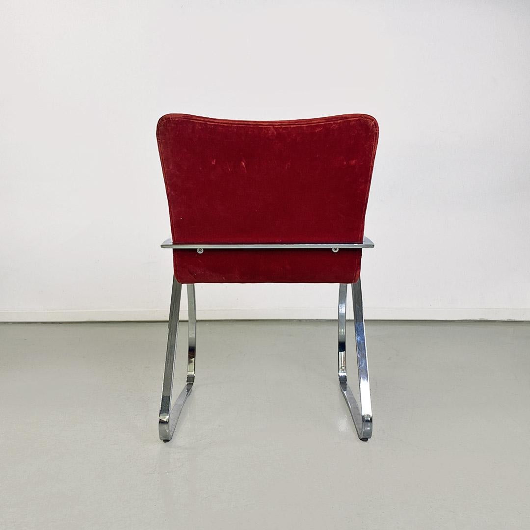 Italian Mid-Century Modern Set of Red Velvet and Chromed Chairs, 1970s For Sale 4