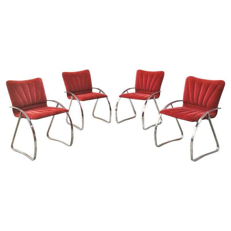 Italian Mid-Century Modern Set of Red Velvet and Chromed Chairs, 1970s For Sale