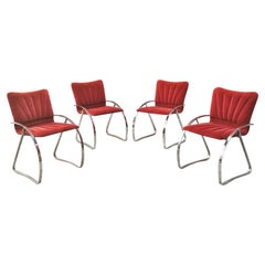 Ensemble de chaises italiennes modernes du milieu du siècle en velours rouge et chrome, 1970