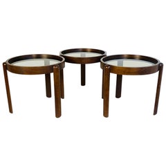 Italian Mid-Century Modern Set of Round Wooden Tables with Smoked Glass, 1960s Italian Mid-Century Modern Set of Round Wooden Tables with Smoked Glass, 1960s