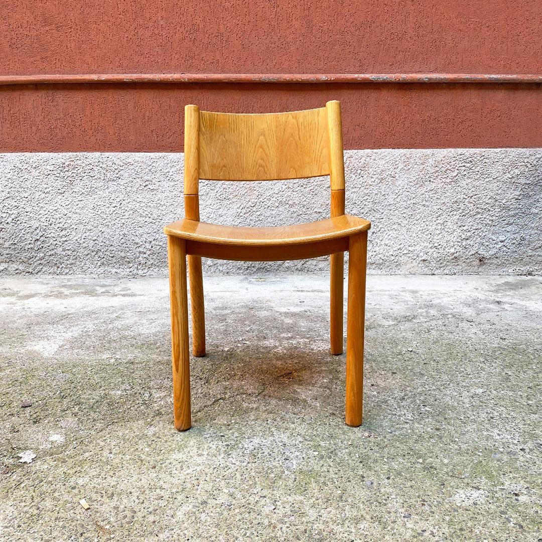 Late 20th Century Italian Mid Century Modern Set of Six Solid Oak Wood Chairs, 1980s For Sale