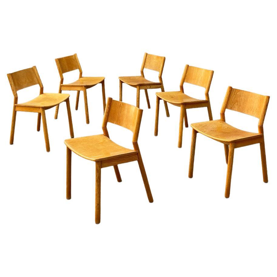 Italian Mid Century Modern Set of Six Solid Oak Wood Chairs, 1960s