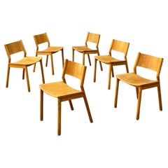 Italian Mid Century Modern Set of Six Solid Oak Wood Chairs, 1980s