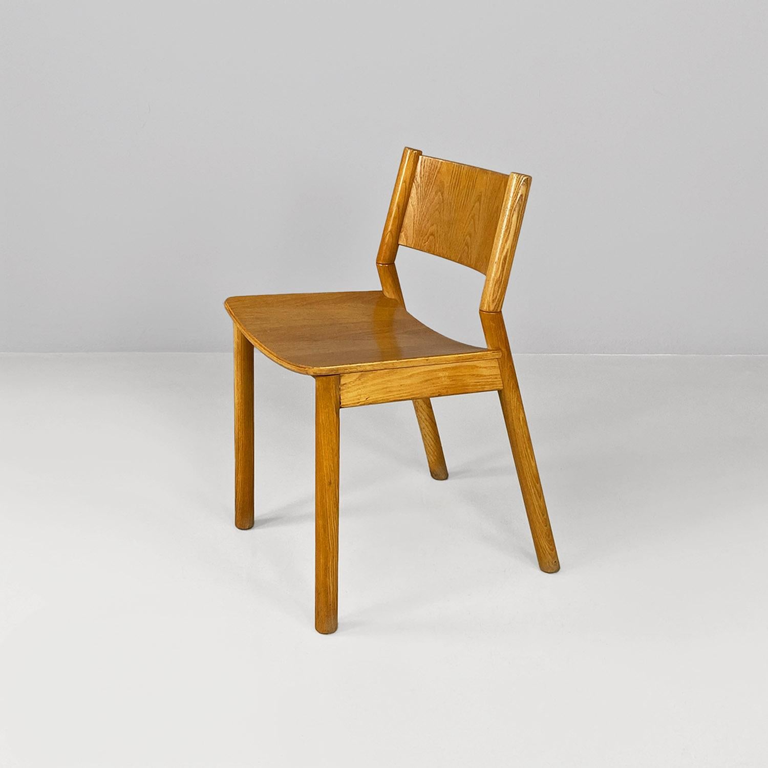Mid-Century Modern Italian mid century modern set of six solid oak wood chairs, 1980s For Sale