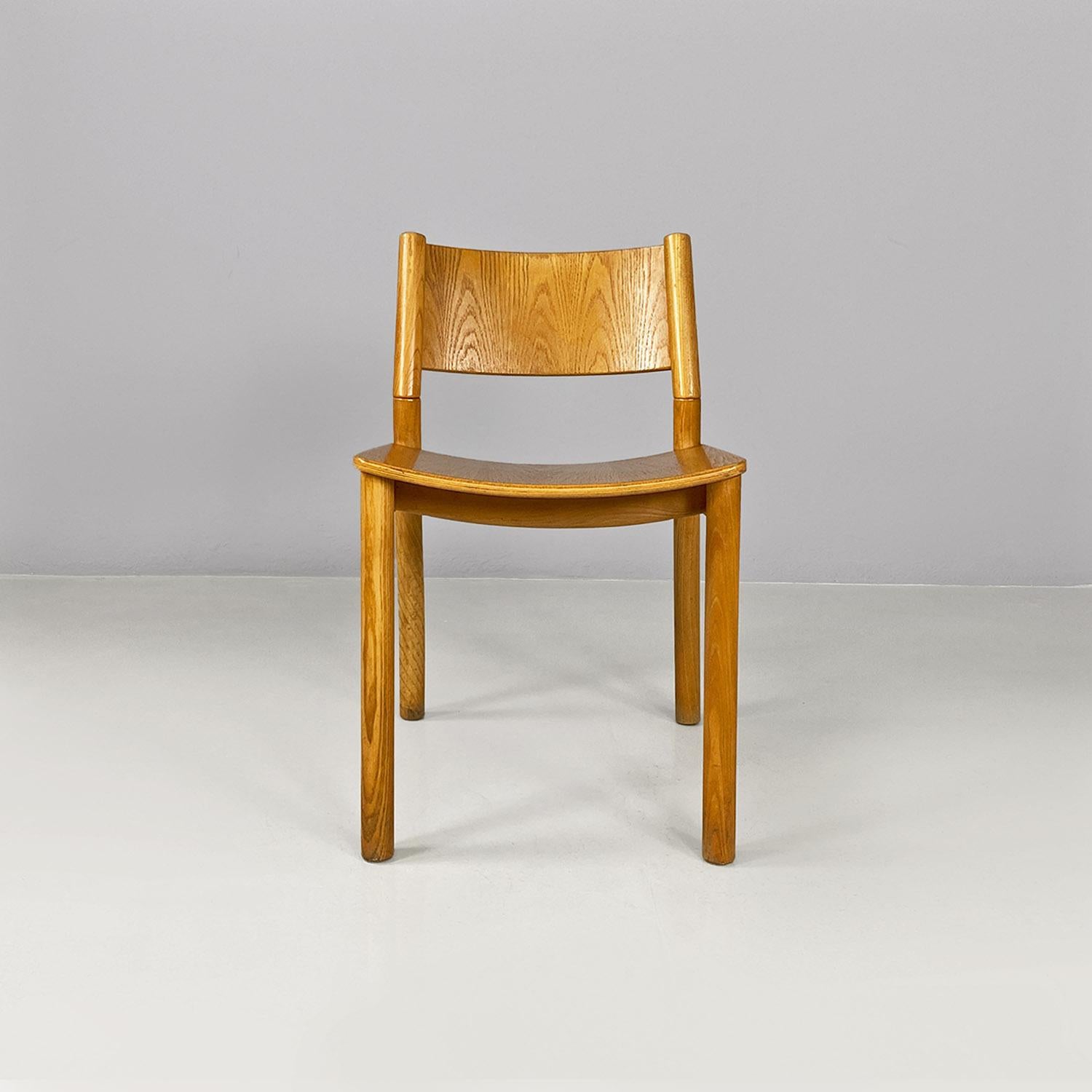 Italian mid century modern set of six solid oak wood chairs, 1980s In Good Condition For Sale In MIlano, IT