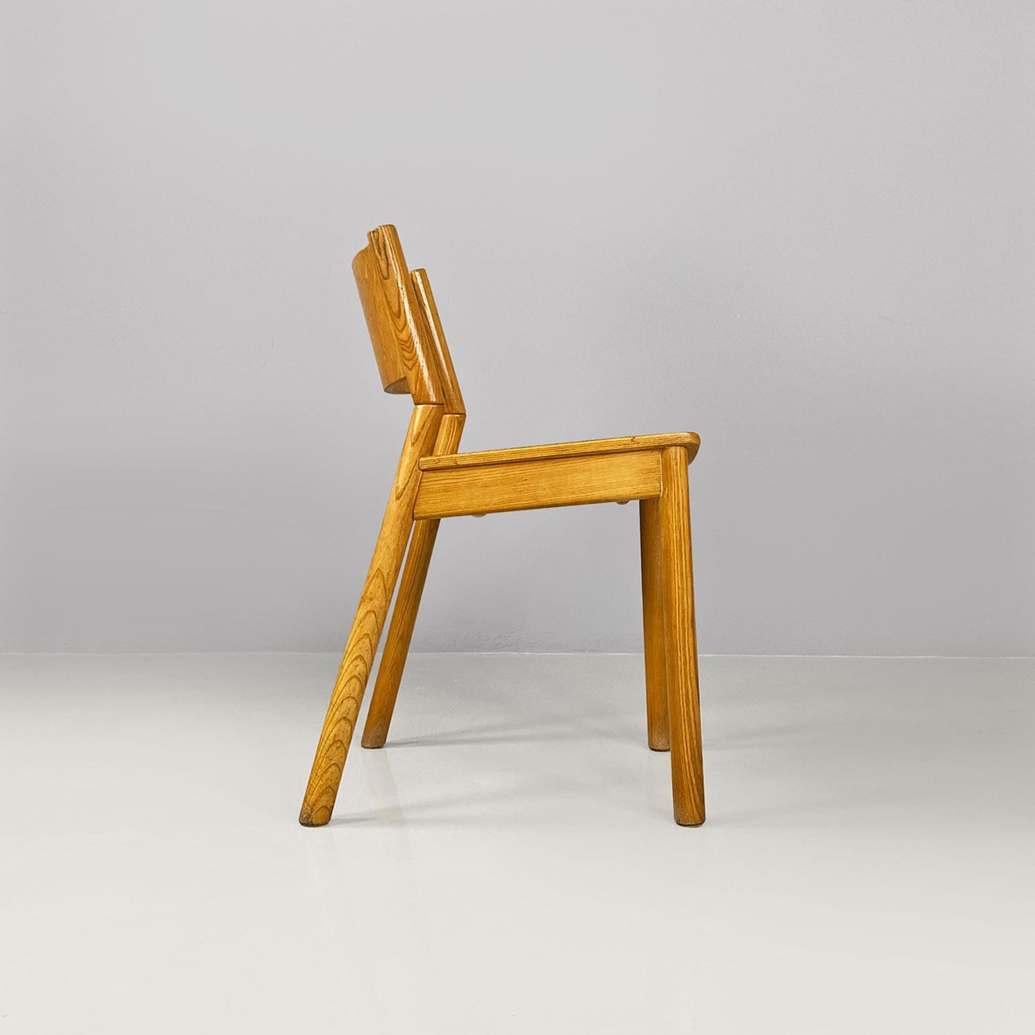 Oak Italian mid century modern set of six solid oak wood chairs, 1980s For Sale
