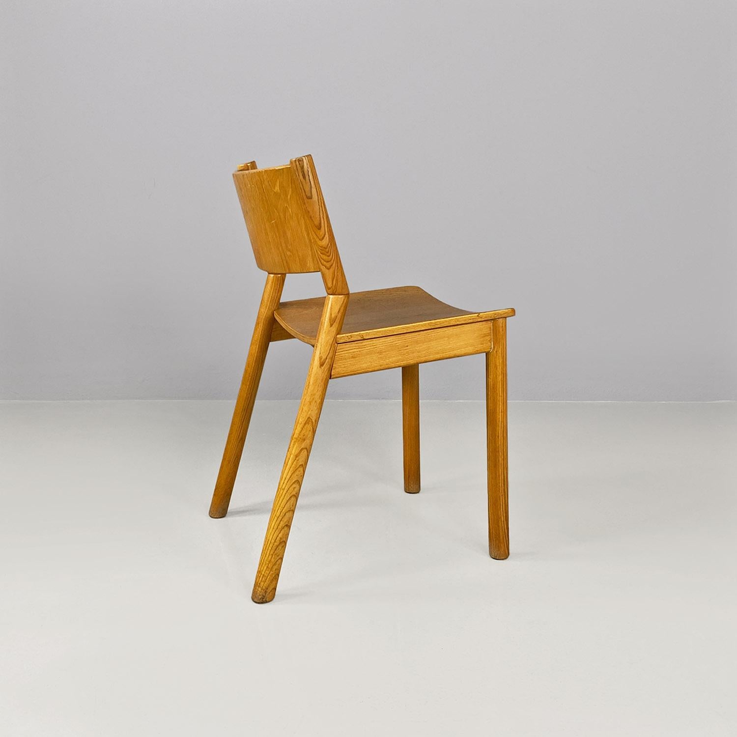 Italian mid century modern set of six solid oak wood chairs, 1980s For Sale 1