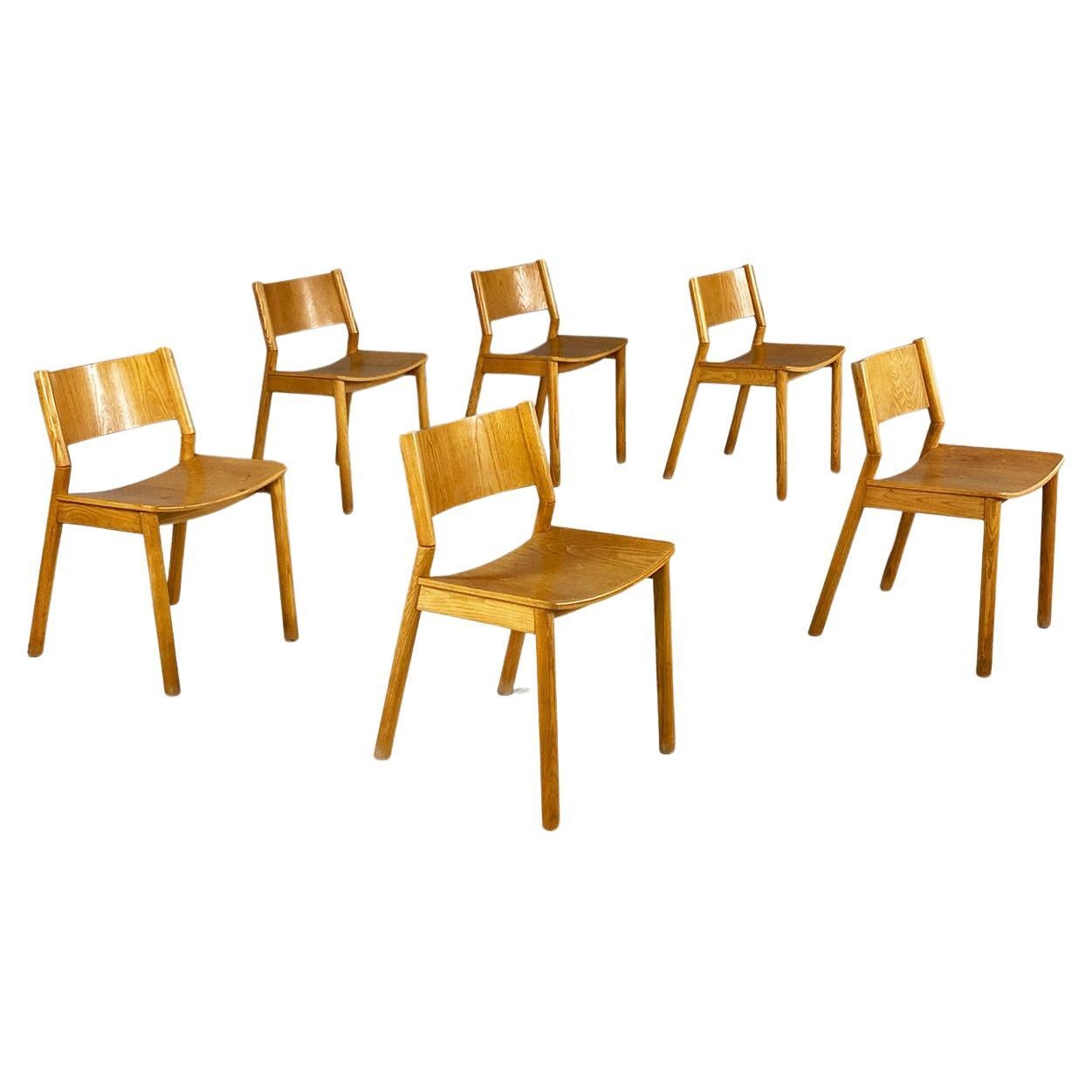 Italian mid century modern set of six solid oak wood chairs, 1980s