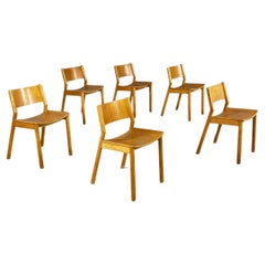 Italian mid century modern set of six solid oak wood chairs, 1980s