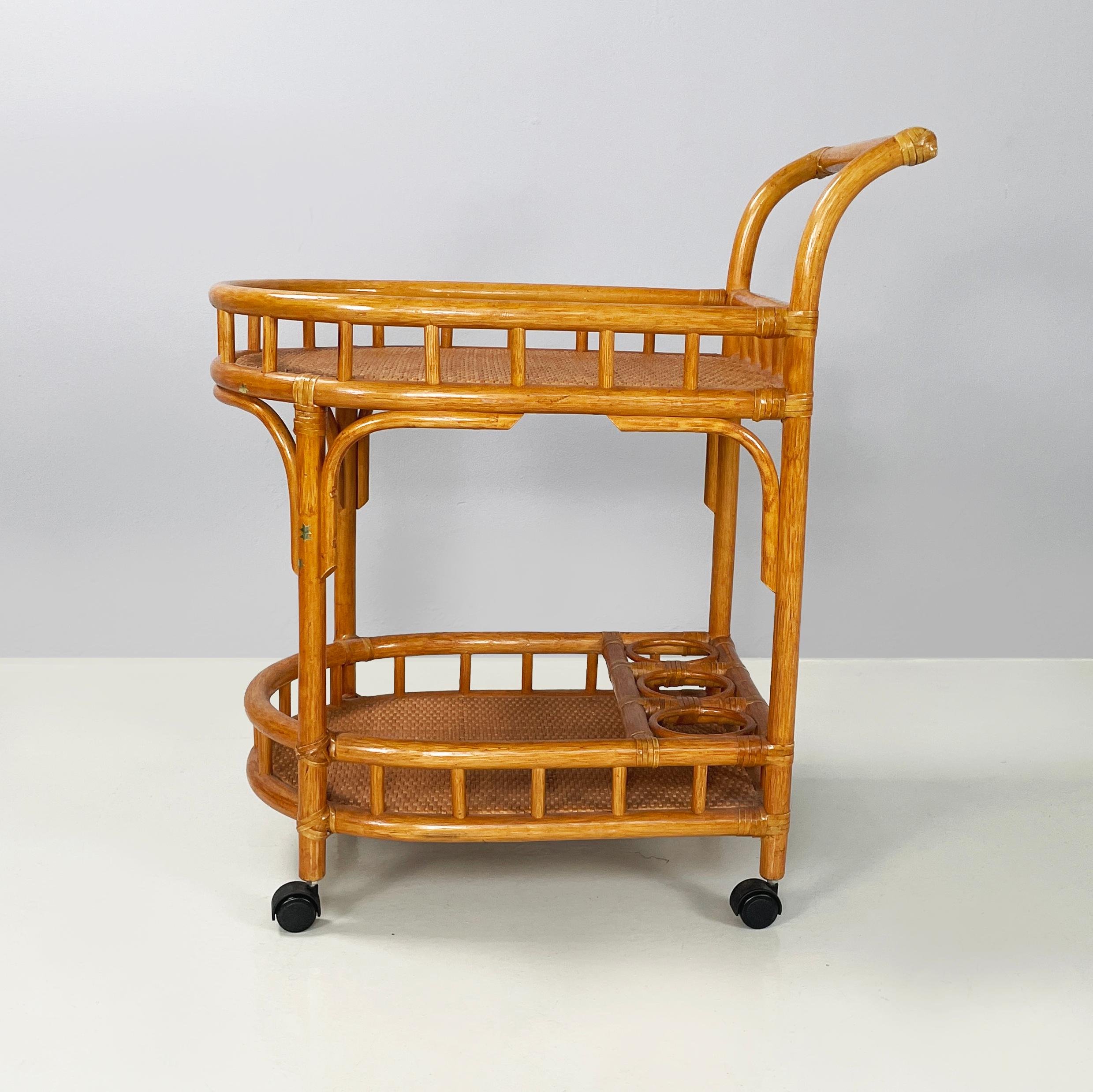 Mid-Century Modern Italian mid-century modern Shelves bottle holders cart in rattan bamboo, 1960s For Sale