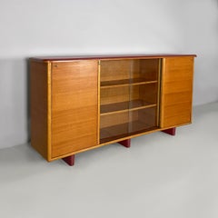 Italian mid-century modern sideboard in wood, glass and burgundy leather, 1960s