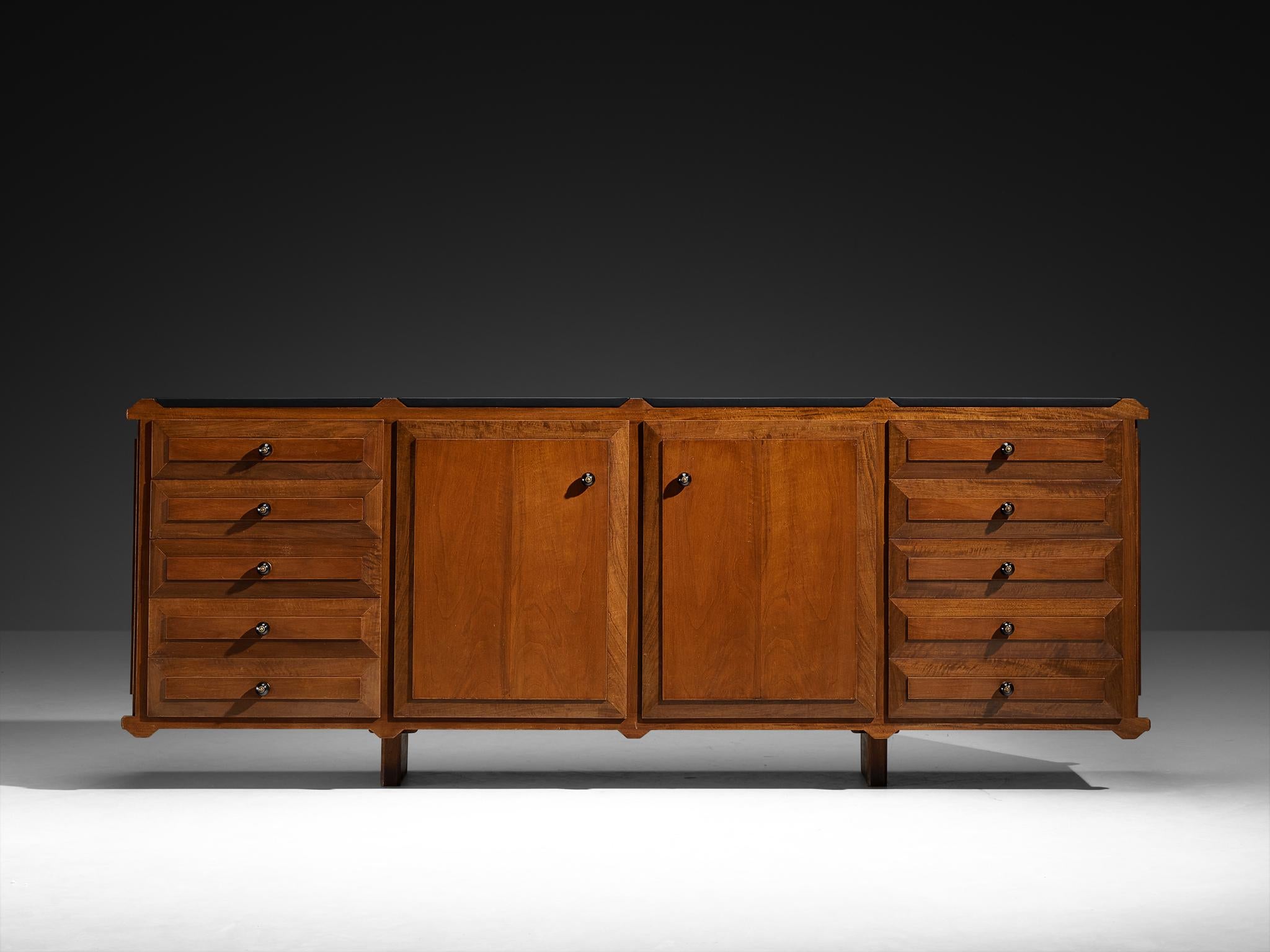 Mid-20th Century Italian Mid-Century Modern Sideboard with Drawers in Walnut and Brass For Sale