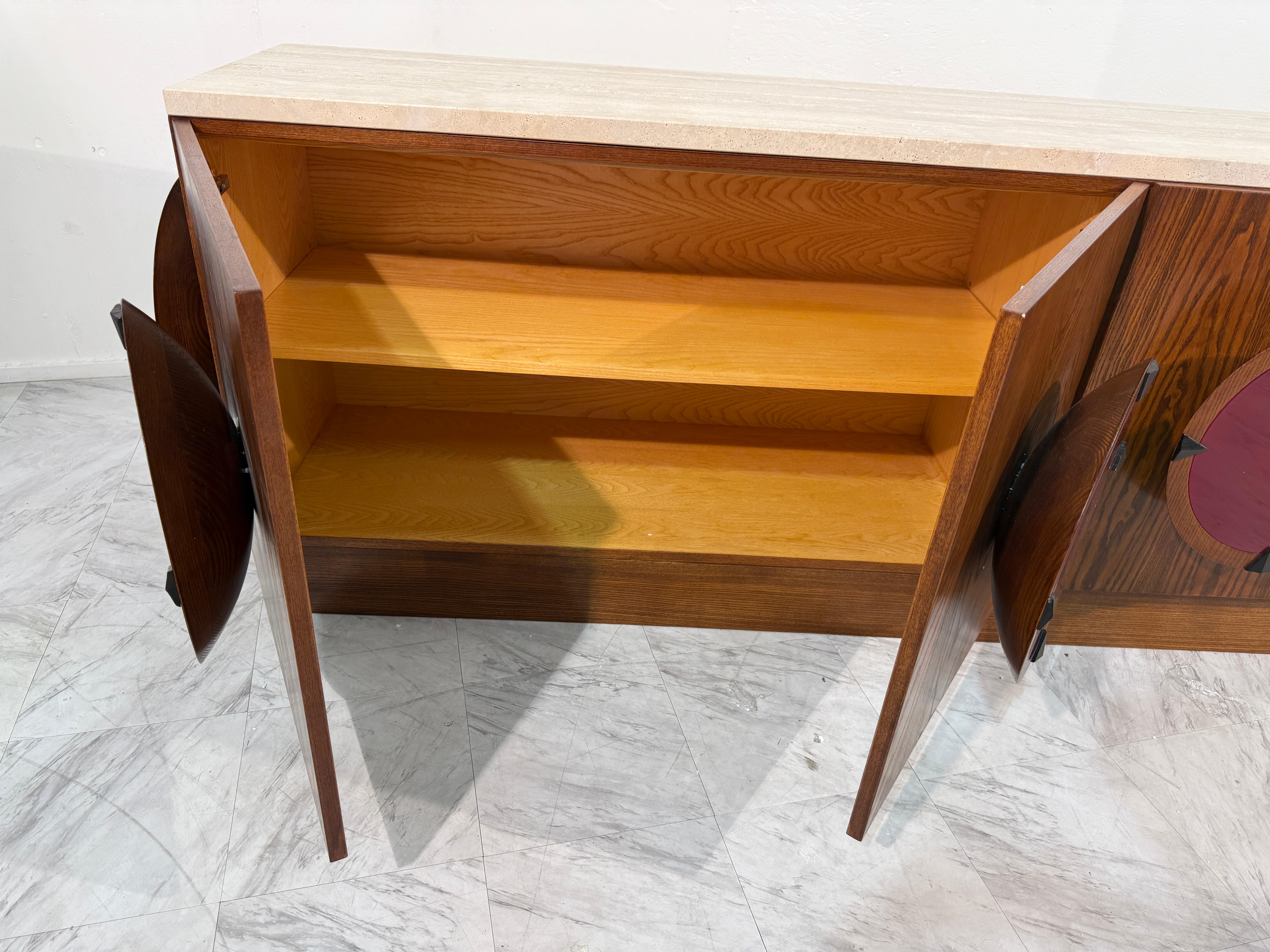 Italian Mid-Century Modern Sideboard with Travertine Top & Circular Red Accents For Sale 6