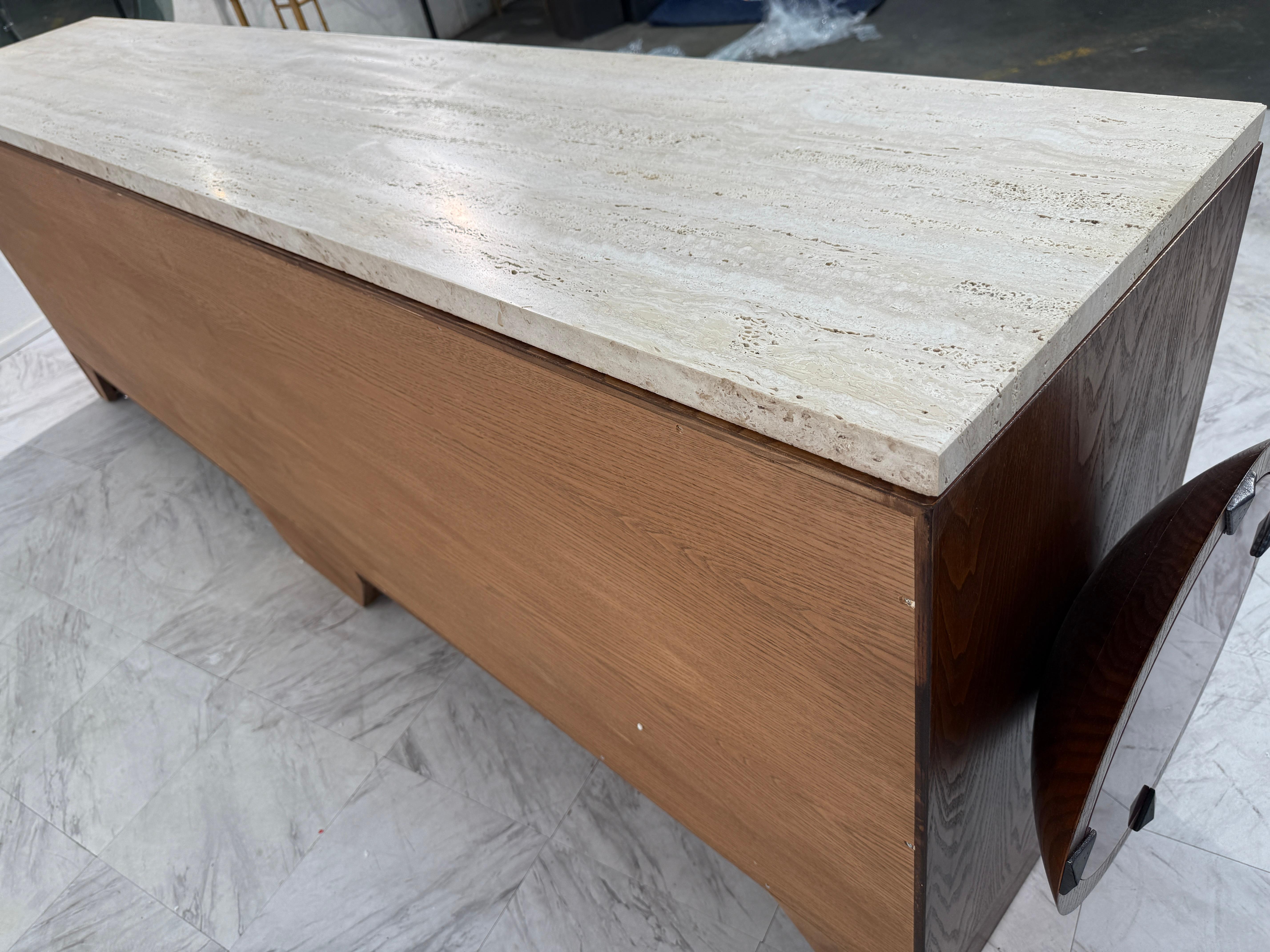 Late 20th Century Italian Mid-Century Modern Sideboard with Travertine Top & Circular Red Accents For Sale