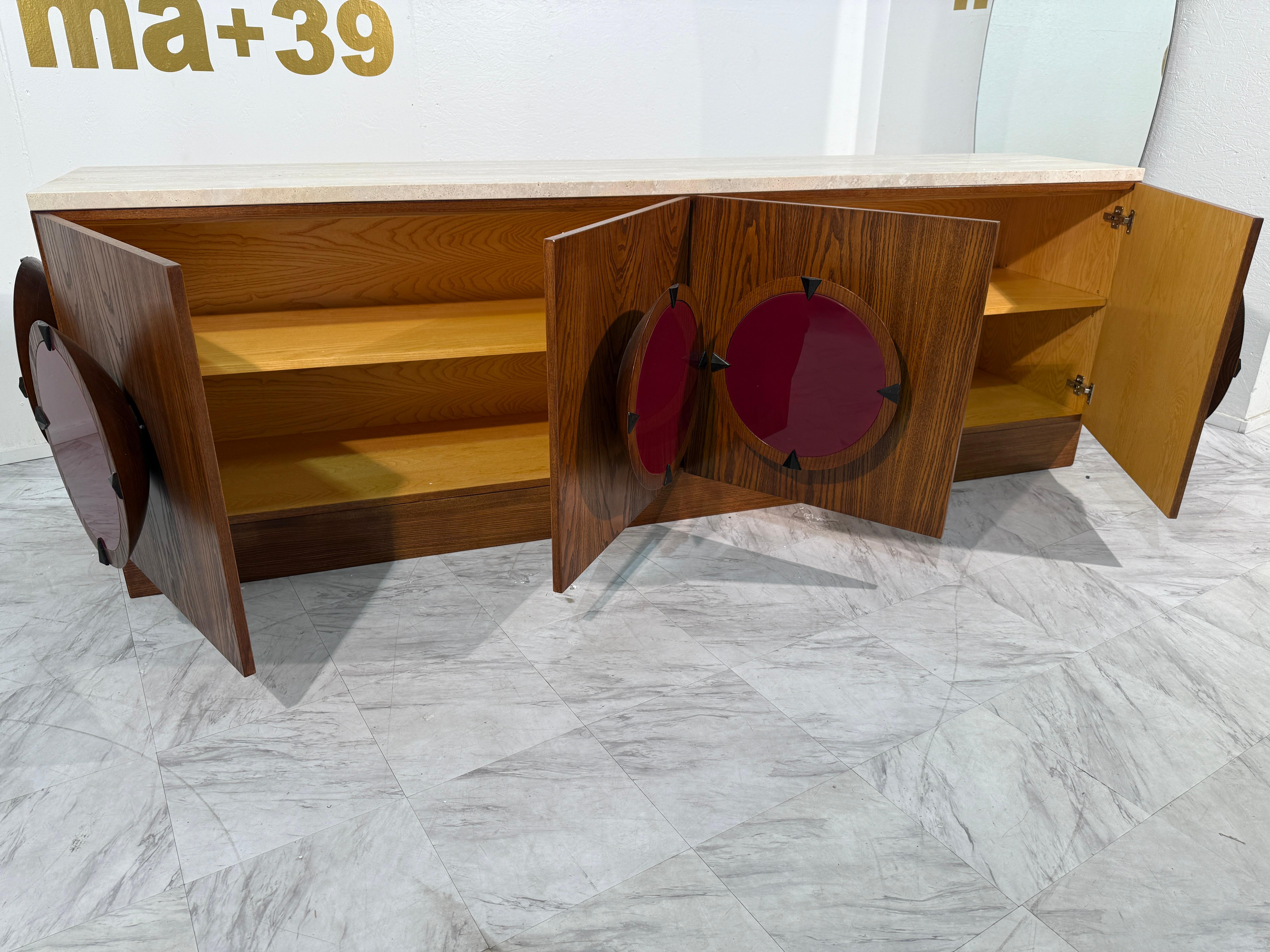 Italian Mid-Century Modern Sideboard with Travertine Top & Circular Red Accents For Sale 3