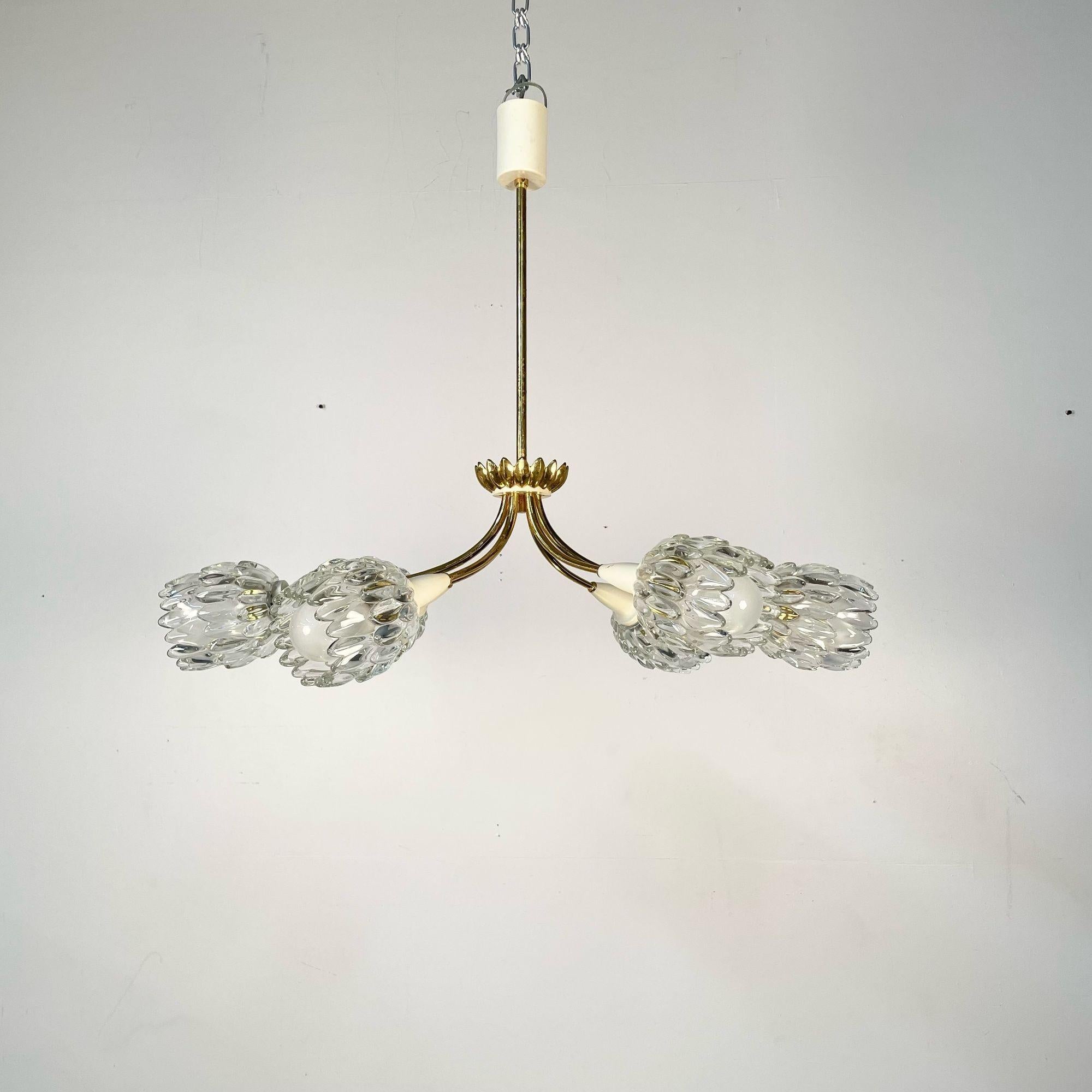 Italian Mid-Century Modern Six Light Brass Pendant / Chandelier, Textured Glass
 
Modern chandelier designed by an unknown Italian designer circa 1980s.
 
Brass, Textured Artichoke Glass
Italy, 1980s

 
30wx18dx24h