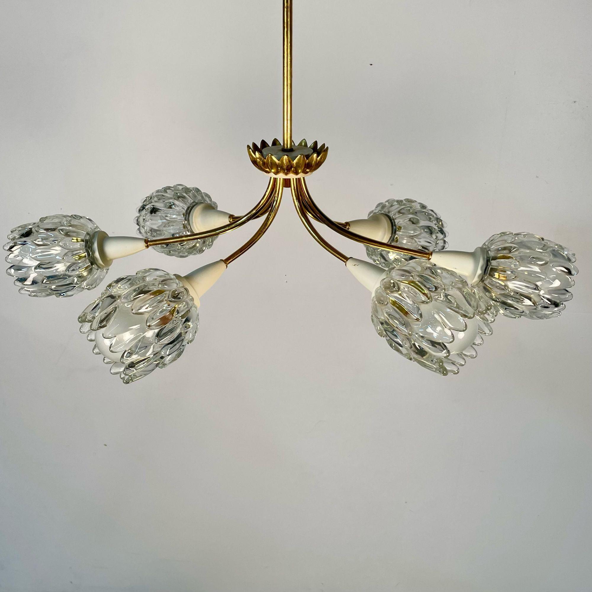Italian Mid-Century Modern, Six Light Chandelier, Textured Glass, Brass, Italy, 1980s For Sale