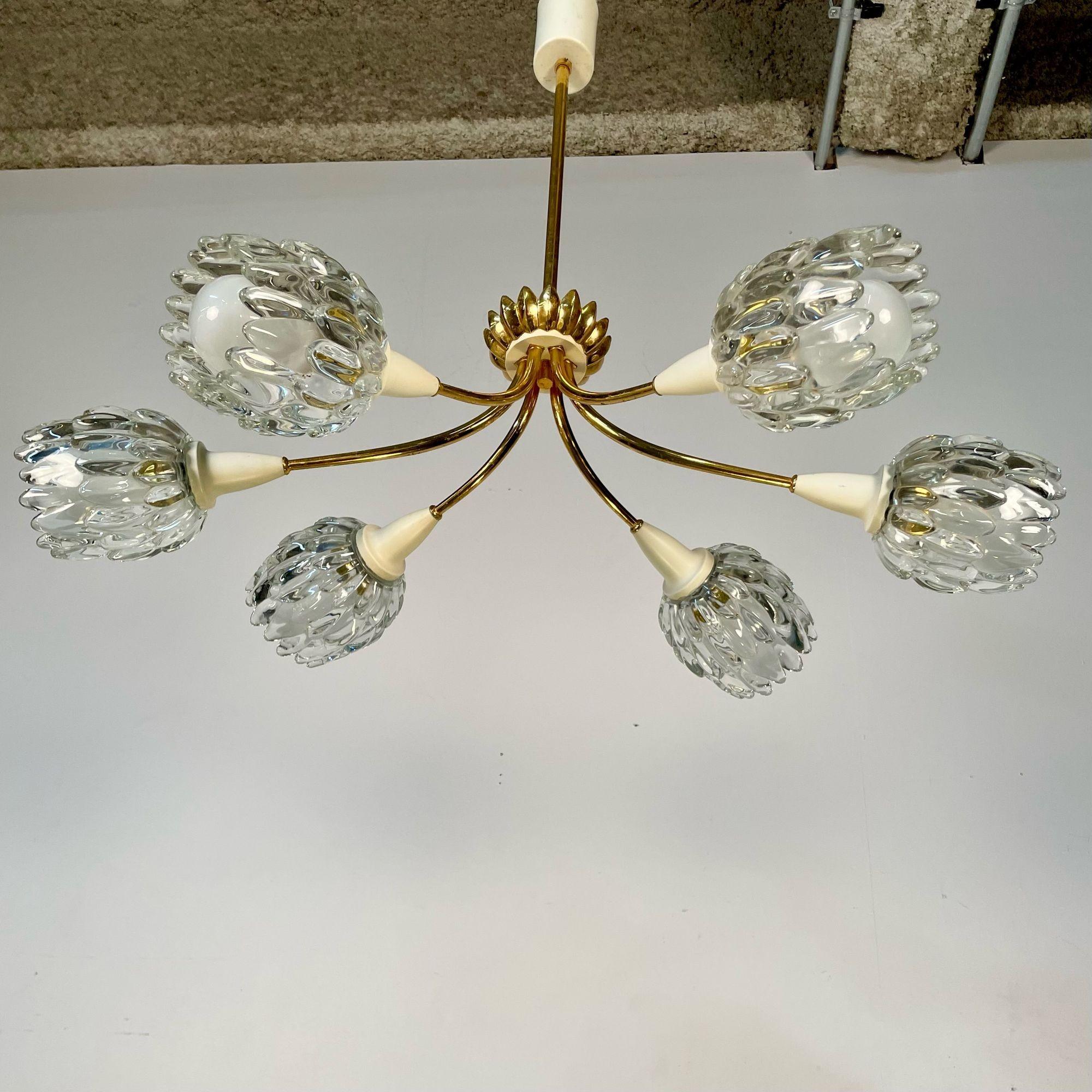 Mid-Century Modern, Six Light Chandelier, Textured Glass, Brass, Italy, 1980s In Good Condition For Sale In Stamford, CT