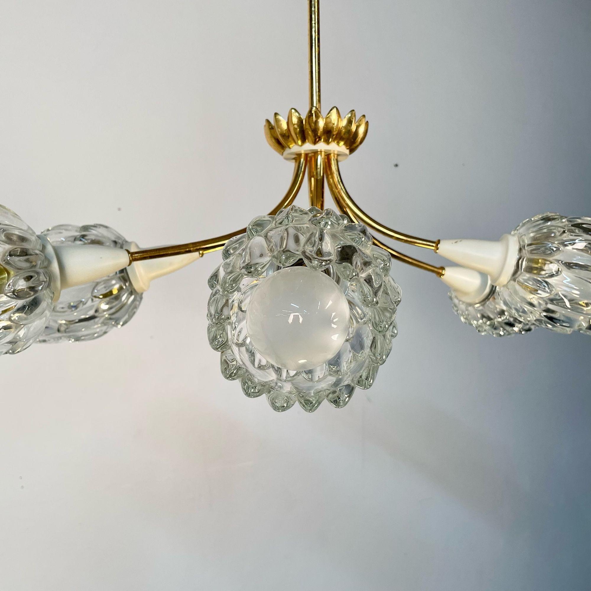 Late 20th Century Mid-Century Modern, Six Light Chandelier, Textured Glass, Brass, Italy, 1980s For Sale