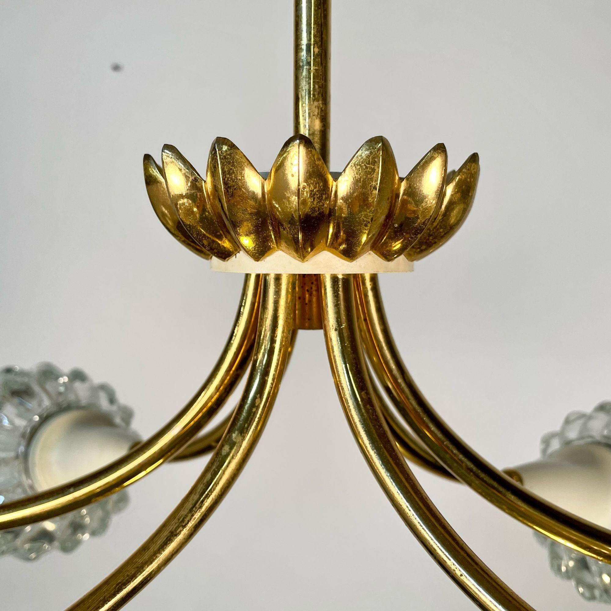 Mid-Century Modern, Six Light Chandelier, Textured Glass, Brass, Italy, 1980s For Sale 1