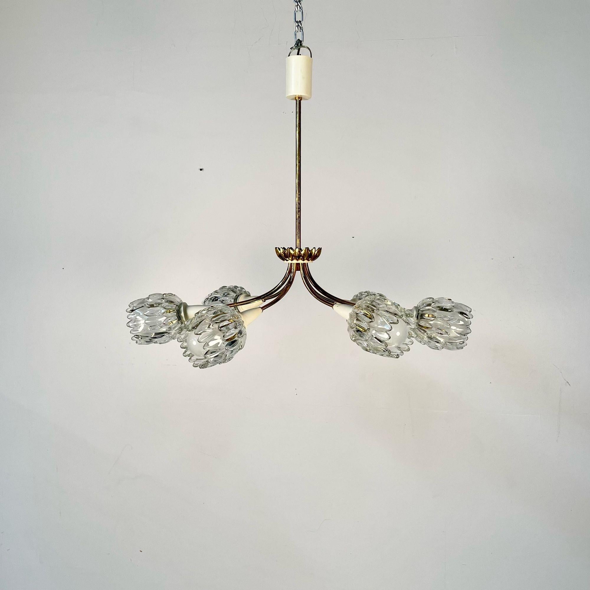 Mid-Century Modern, Six Light Chandelier, Textured Glass, Brass, Italy, 1980s For Sale 3