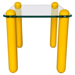 Italian Mid-Century Modern Small Glass Coffee Table with wooden Legs, 1980s Italian Mid-Century Modern Small Glass Coffee Table with wooden Legs, 1980s