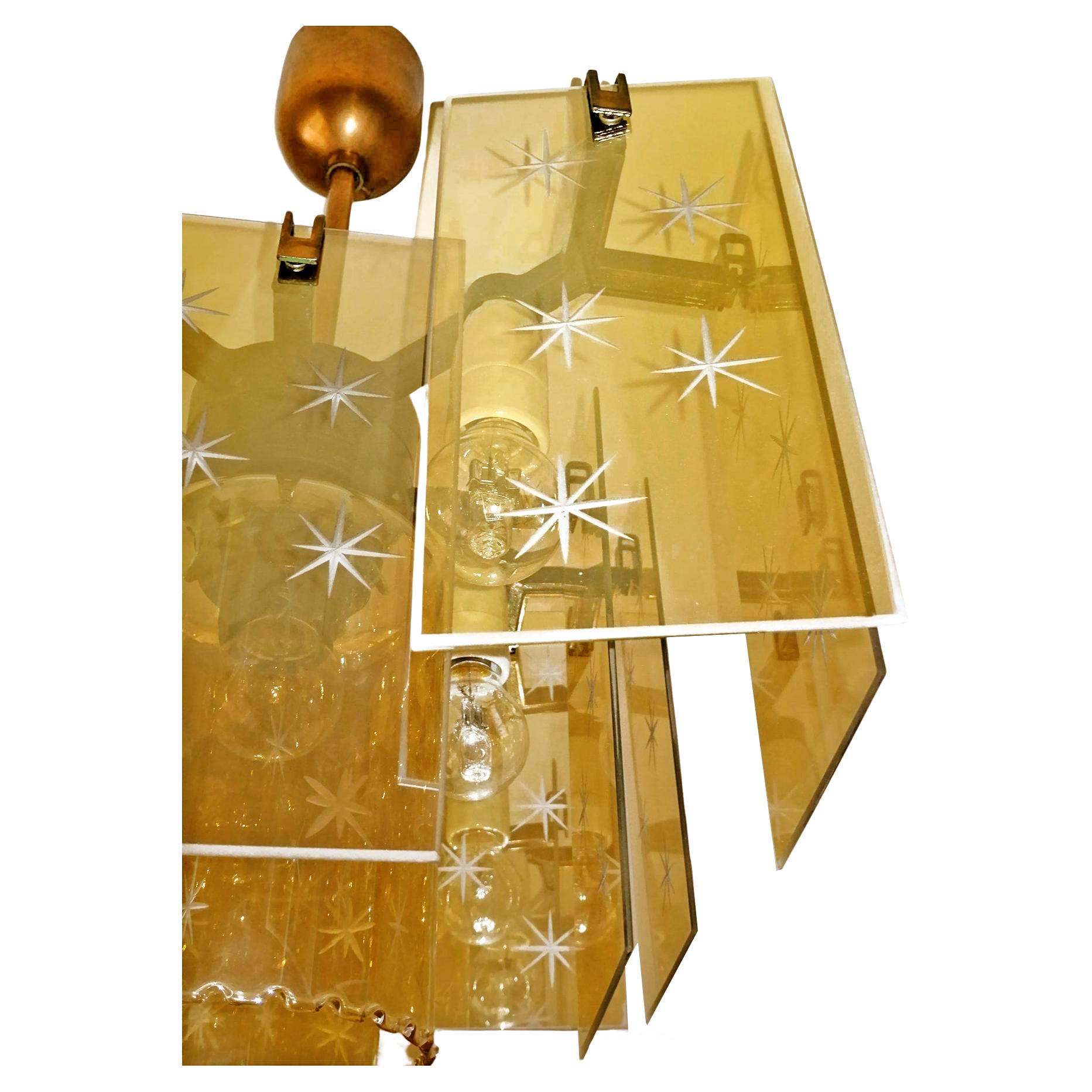 Italian Mid-Century Modern Smoked Amber Gold Cut Glass Fontana Style Chandelier For Sale 3