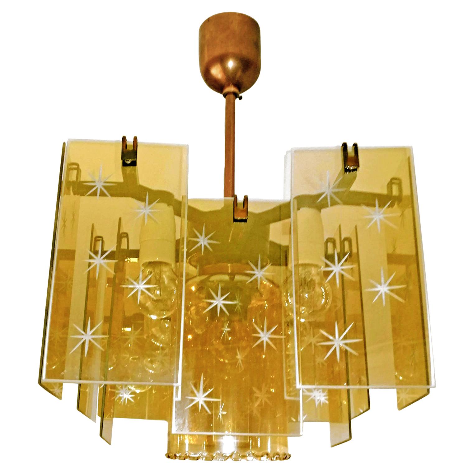 Italian Mid-Century Modern Smoked Amber Gold Cut Glass Fontana Style Chandelier In Good Condition For Sale In Coimbra, PT