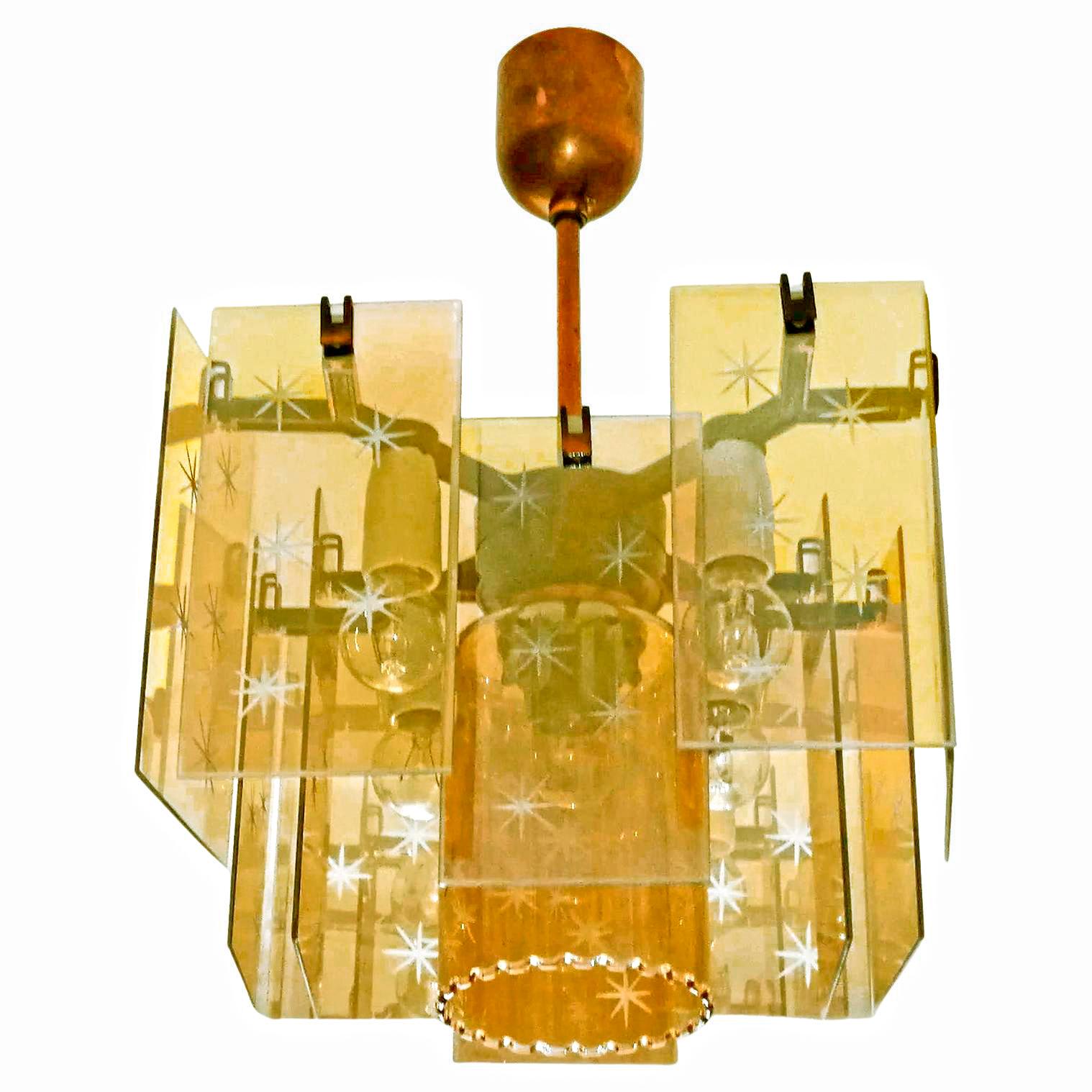 20th Century Italian Mid-Century Modern Smoked Amber Gold Cut Glass Fontana Style Chandelier For Sale
