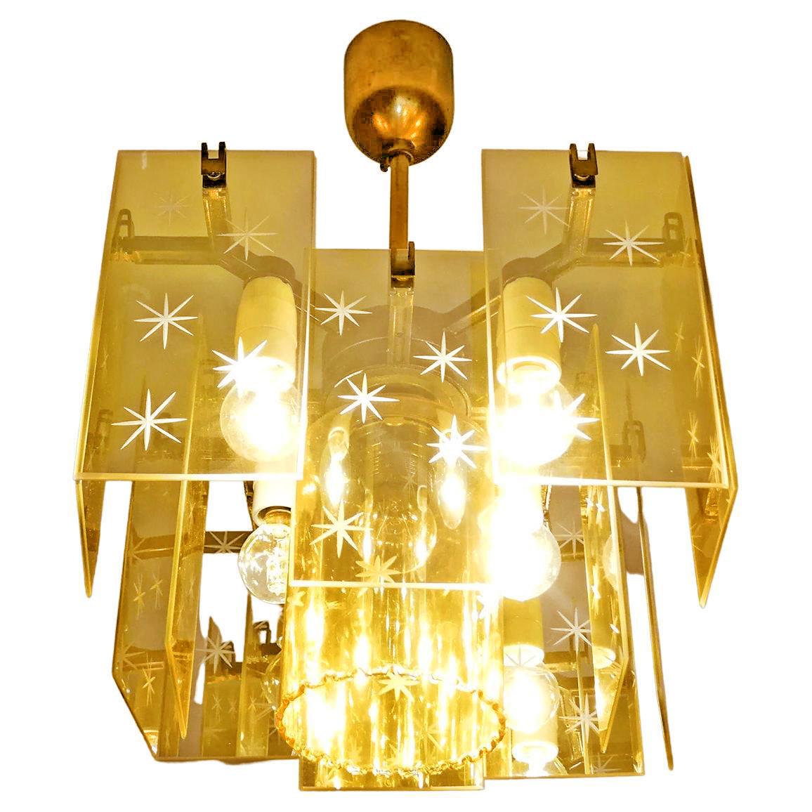 Metal Italian Mid-Century Modern Smoked Amber Gold Cut Glass Fontana Style Chandelier For Sale