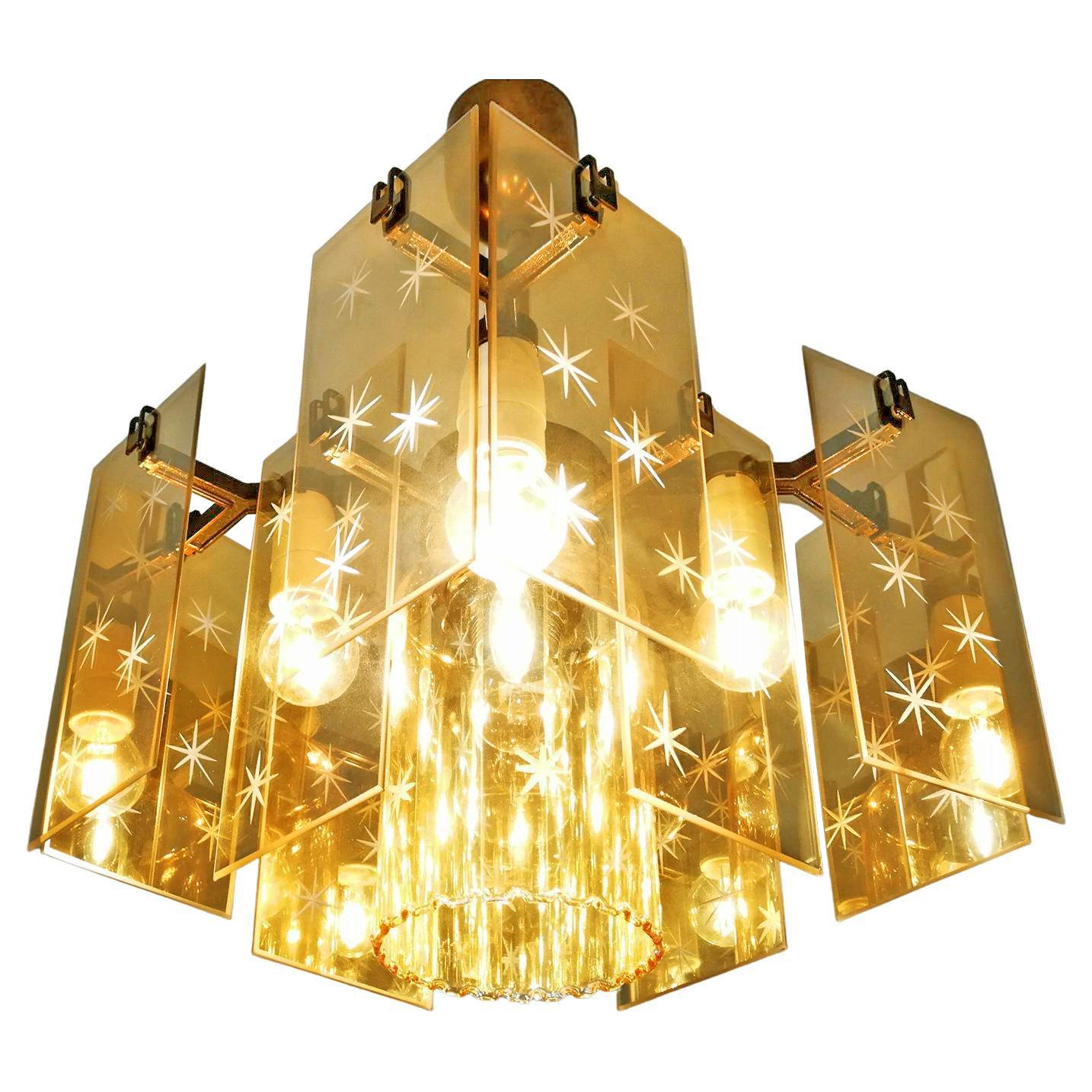 Italian Mid-Century Modern Smoked Amber Gold Cut Glass Fontana Style Chandelier For Sale 1